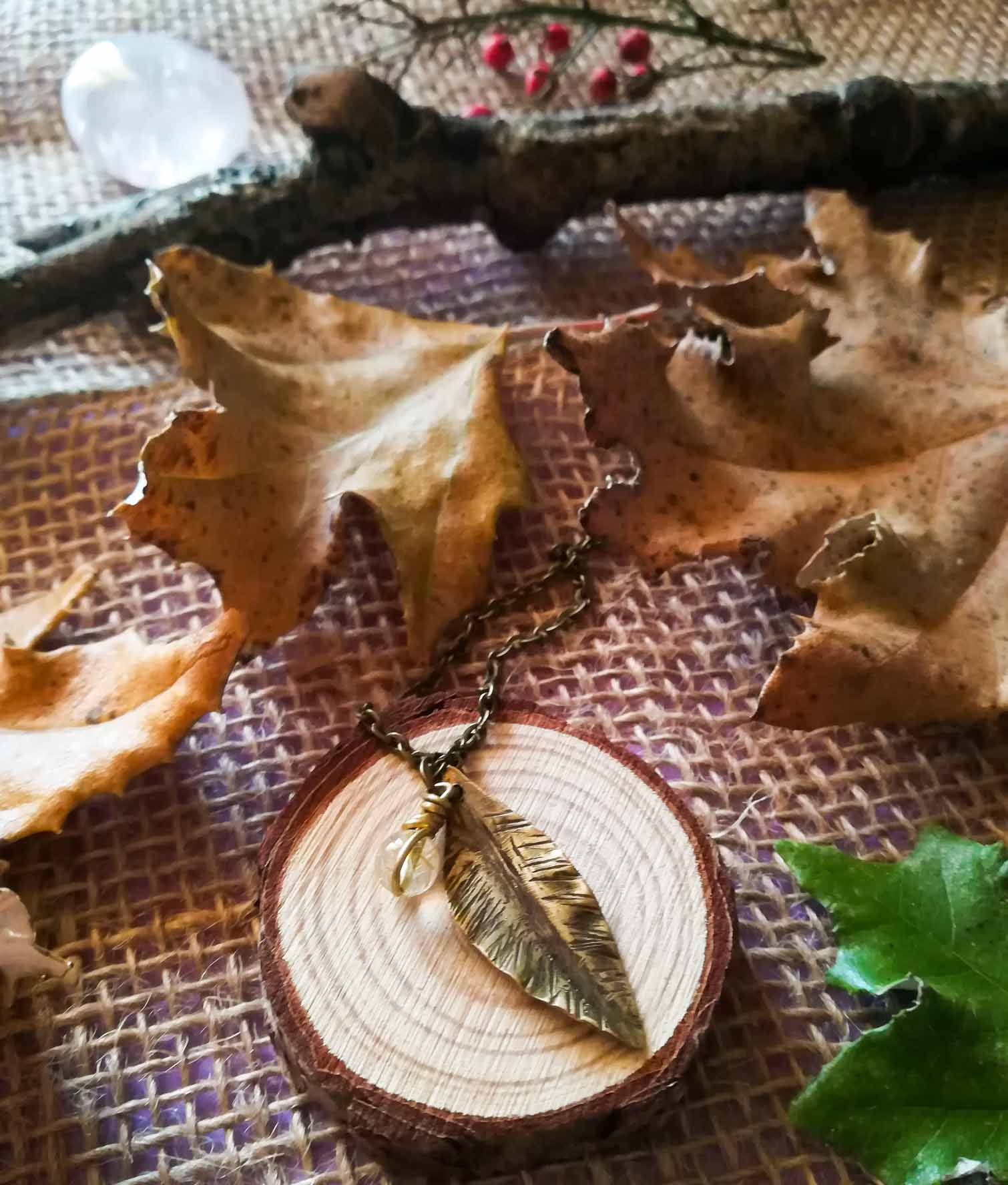 Collana ottone 2 ciondoli Foglia/Quarzo rutilato - immagine 3